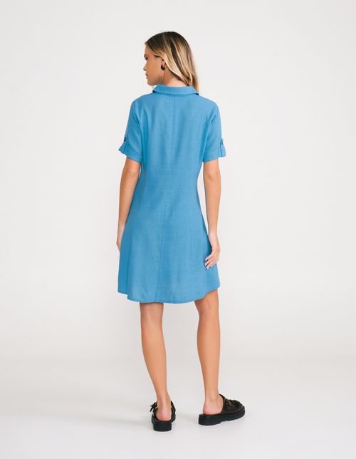 Vestido Curto Viscolinho Abotoamento - Azul