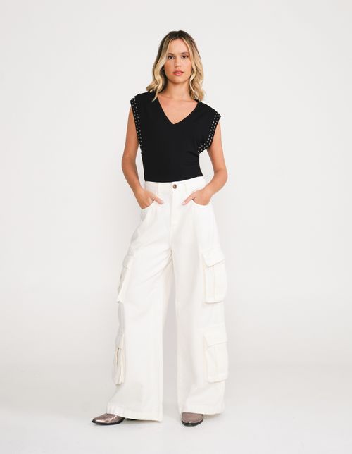 Calça Sarja Wide Cargo - Off White