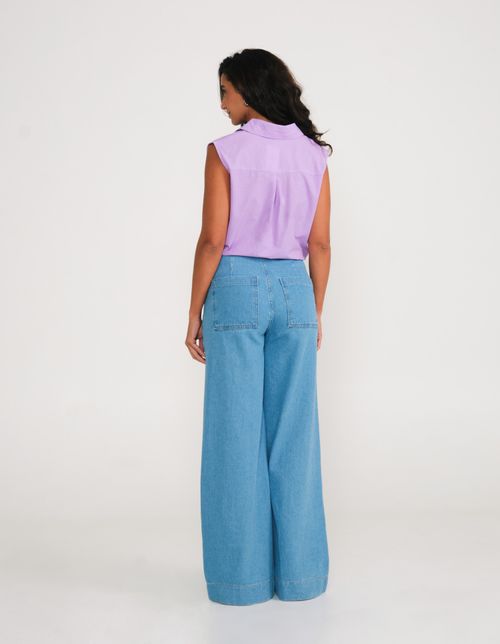 Calça Jeans Wide Leg Barra Larga - Denim Medio