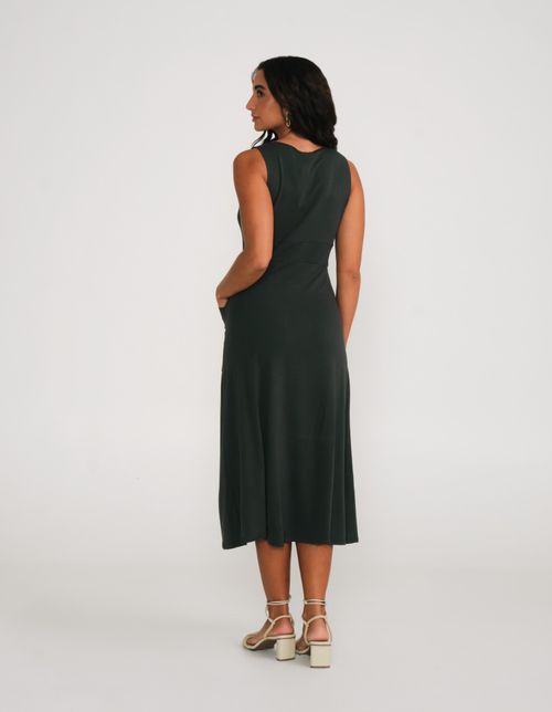 Vestido Midi Moletinho Com Pregas - Verde Garrafa