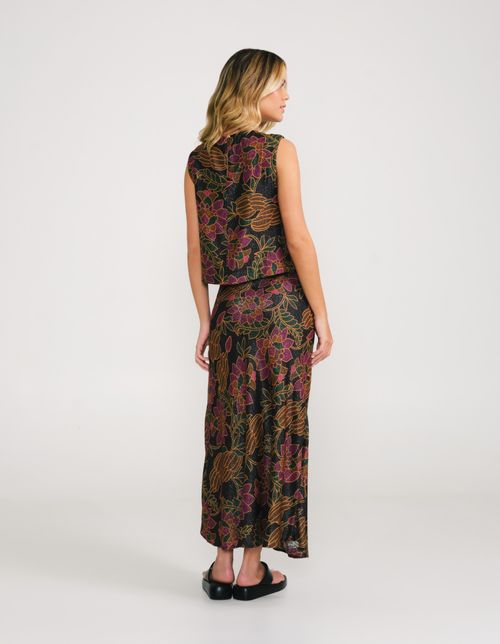 Saia Enviesada Estampada Floral Banana - Preto