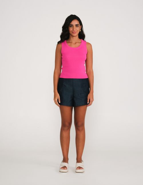 Blusa Tricot Decote Redondo Canelado - Pink