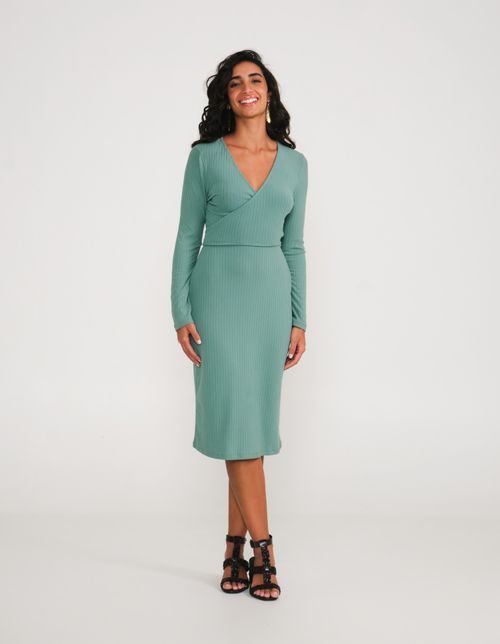 Vestido Midi Canelado Com Transpasse - Verde Aqua