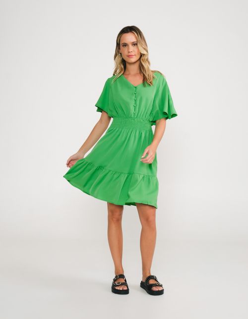 Vestido Curto Acinturado Detalhe Botões - Verde