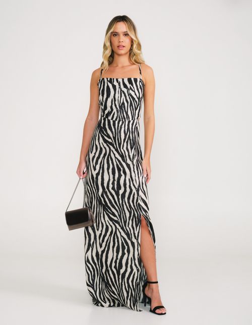 Vestido Longo Corset Estampado Zebra - Off White