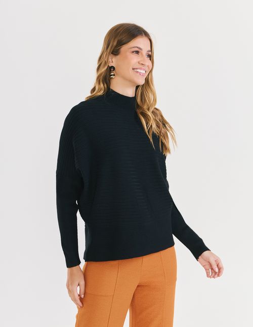 Blusa Tricot Ampla Gola Alta - Preto
