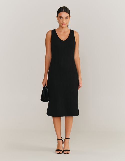 Vestido Midi Decote v Textura - Preto