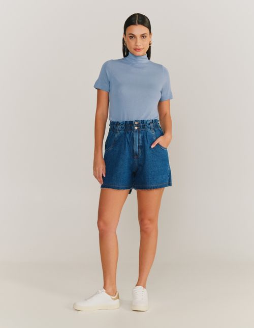Short Clochard Com Elástico Cós - Denim Medio