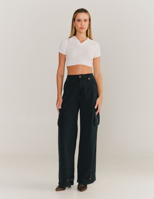 Blusa Cropped Tricot Gola Polo - Off White