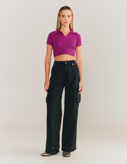 Blusa Cropped Tricot Gola Polo - Pitaya