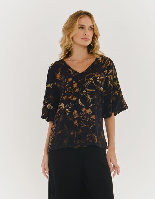 Blusa Estampada Floral Aquarelado - Preto