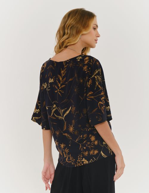 Blusa Estampada Floral Aquarelado - Preto