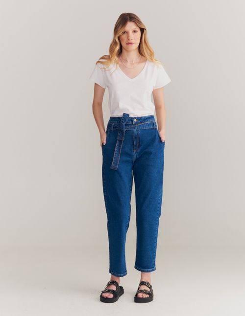 Calça Jeans Confort Clochard Com Cinto - Denim Medio