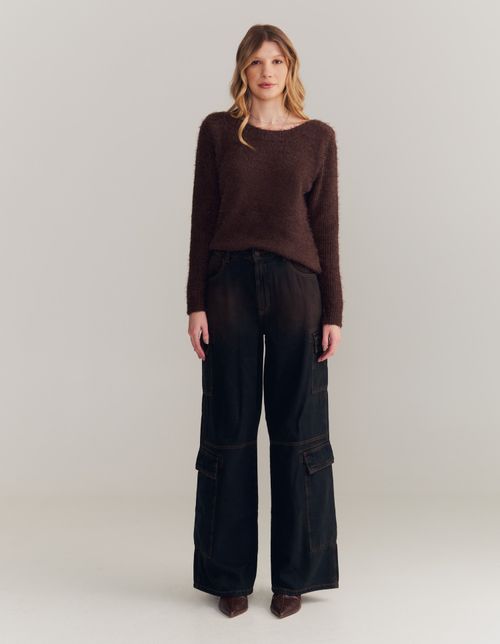 Calça Sarja Cargo Cintura Alta - Preto