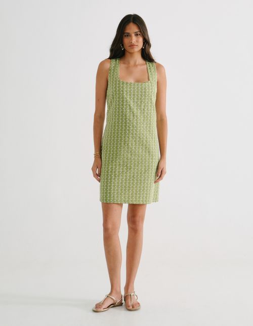 Vestido Curto Decote Quadrado Bordados - Verde Oliva