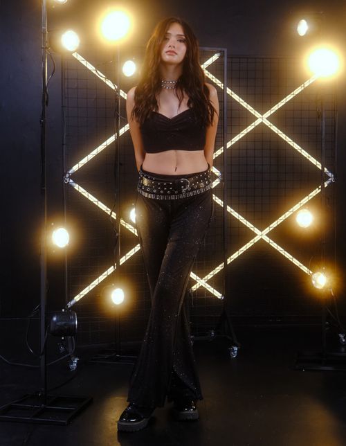 Calca Reta Tule Com Glitter - Preto
