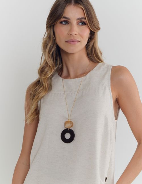 Colar Longo Resina Disco e Metal - Dourado