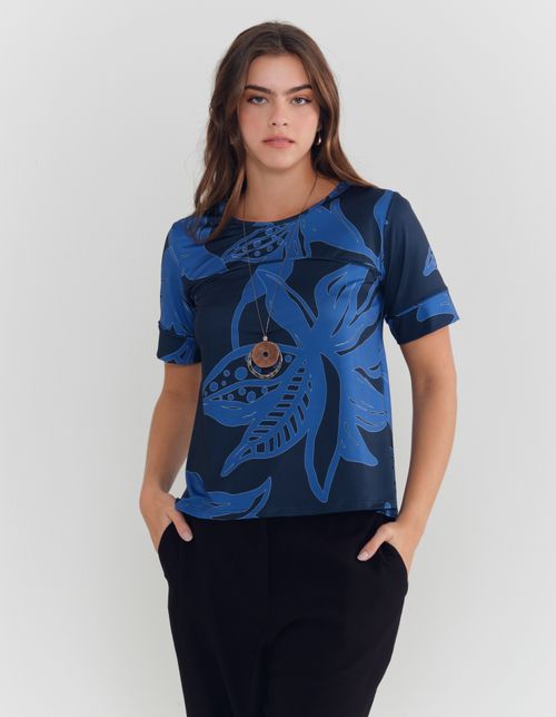 Blusa Ampla Estampada Floral Blue - Azul Marinho