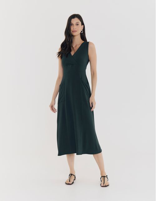Vestido Midi Moletinho Com Pregas - Verde Garrafa