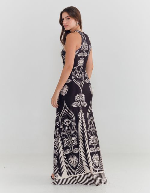 Vestido Longo Estampado Barrado Artdecor - Preto