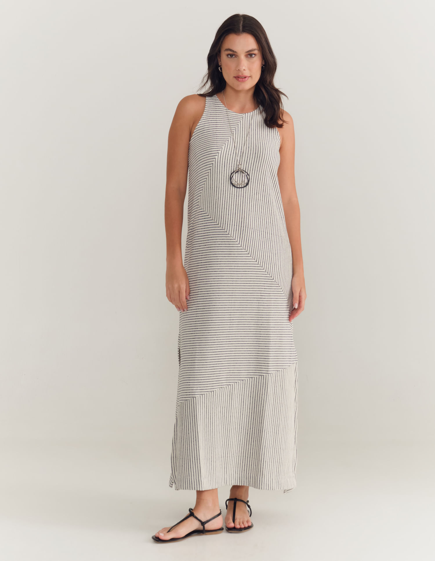 Listrado Vestido Tricoline Plus Size Listras Horizontais Vestido