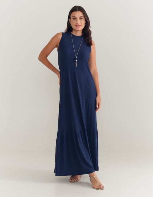 Vestido Longo Marias Decote Canoa - Azul Noite