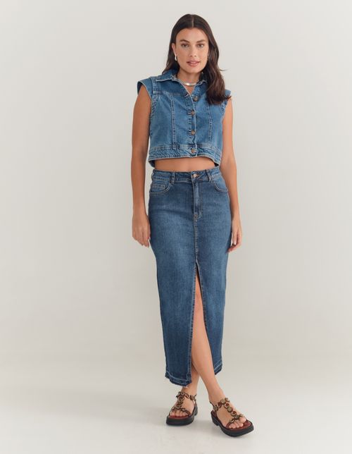 Saia Jeans Duas Fendas - Denim Medio