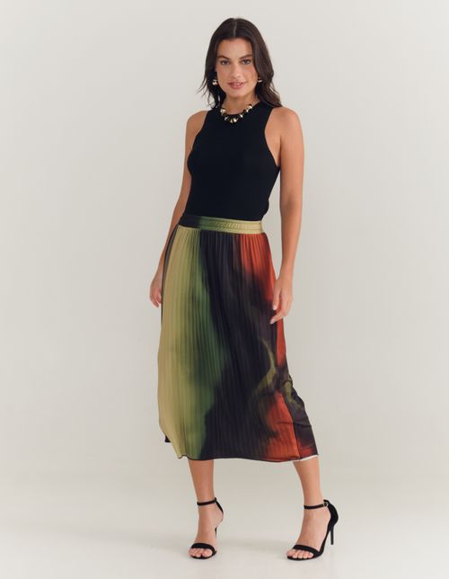 Saia Plissada Estampada Tie Dye - Preto