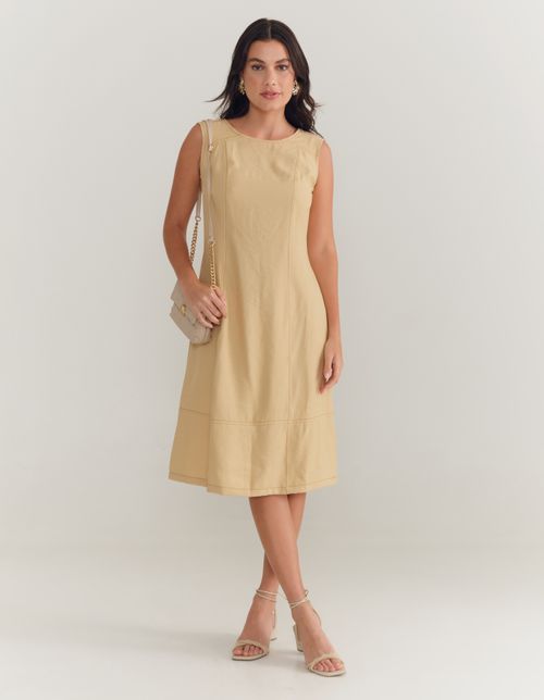 Vestido Linho Pespontos - Areia