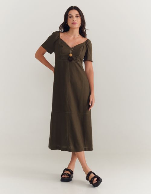 Vestido Linho Com Manga - Verde Militar