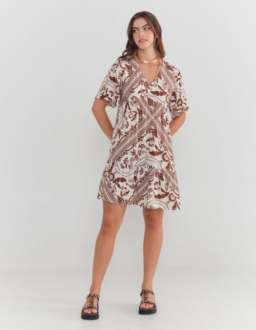 Vestido Curto Estampado Ornamental - Off White
