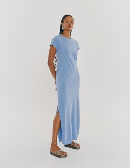 Vestido Longo Estonado - Azul Acinzentado