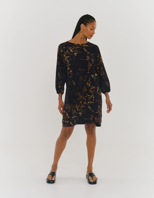 Vestido Curto Estampado Floral Aquarelado - Preto