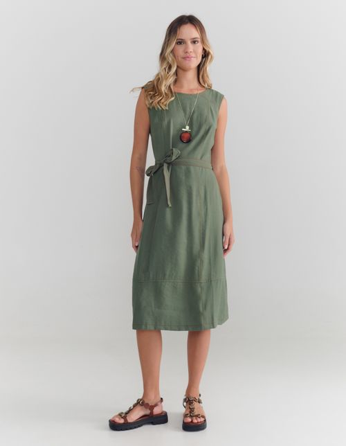 Vestido Midi Linho Pespontos - Verde Floresta