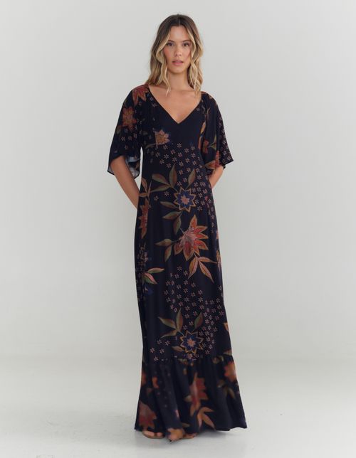 Vestido Longo Estampado Jardim Artesanal - Marinho