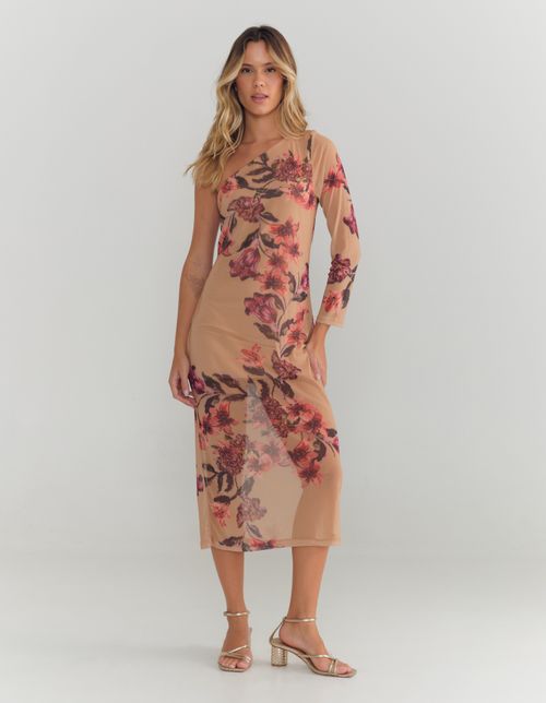 Vestido Midi Ombro Só Estampado Jardim - Bege