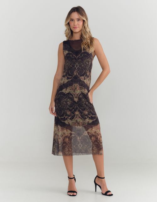 Vestido Midi Estampado Rendada - Preto