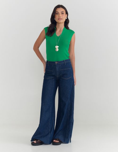 Calça Jeans Pantalona Fenda Amaciada - Denim Medio