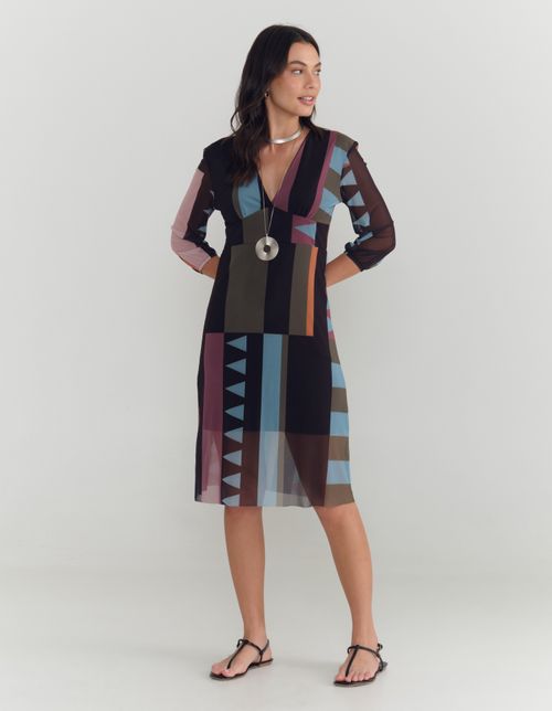 Vestido Curto Estampado Geométrico - Preto