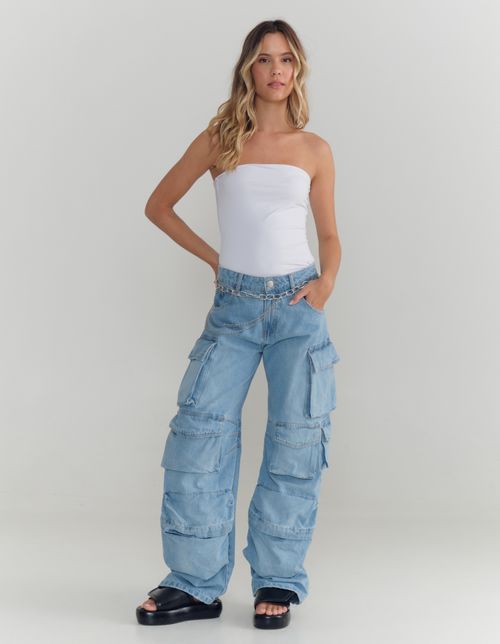 Calca Jeans Skater Cargo - Denim Medio