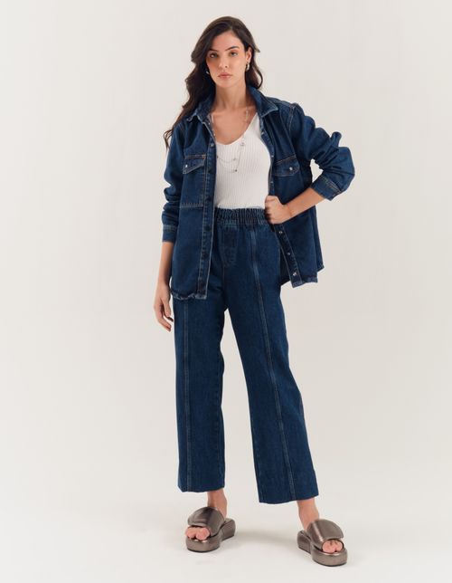 Calça Jeans Boxer Recortes - Denim Escuro
