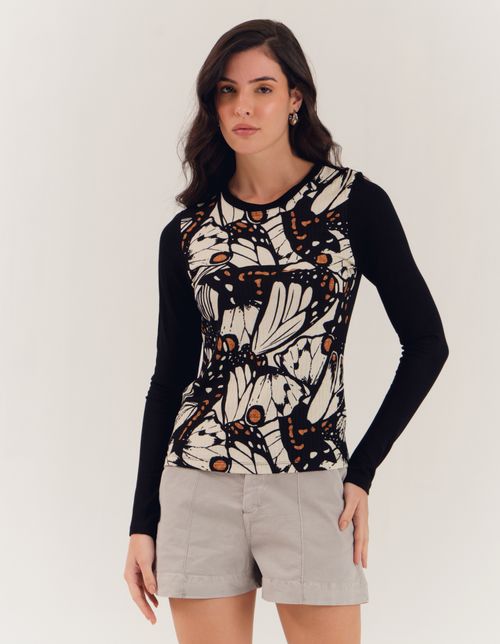 Blusa Manga Longa Estampada Borboleta - Preto