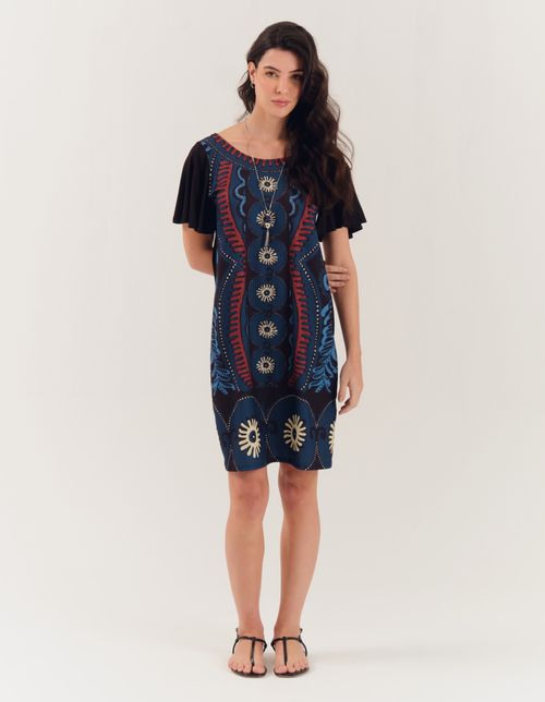 Vestido Curto Caixinha Estampado - Preto