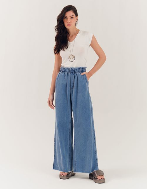 Calça Jeans Elástico Wide - Denim Claro