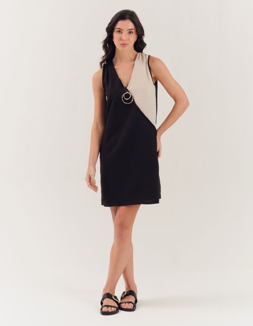 Vestido Curto Bicolor - Preto Com Bege