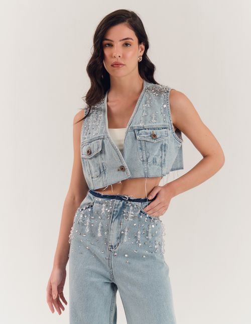Colete Cropped Jeans c  Bordado Pedraria - Jeans