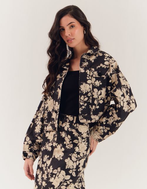 Jaqueta Sarja Estampada Jardim - Preto