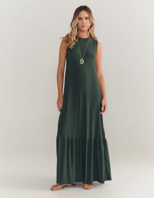 Vestido Longo Marias Decote Canoa - Verde Garrafa