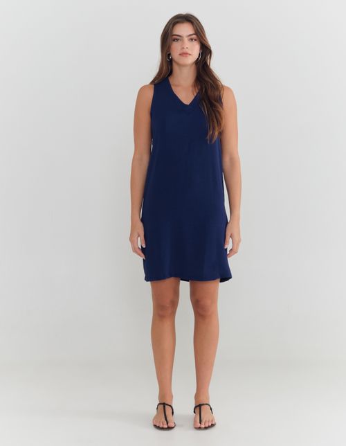 Vestido Curto Decote v Moldura - Azul Marinho