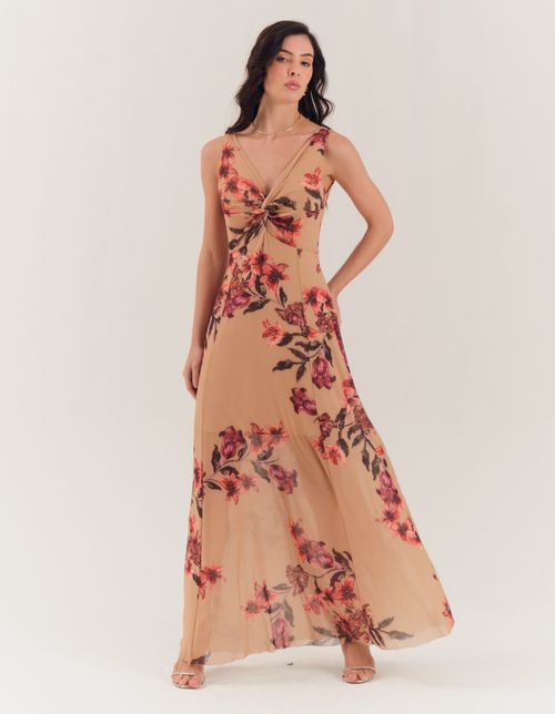 Vestido Longo Estampado Jardim - Bege